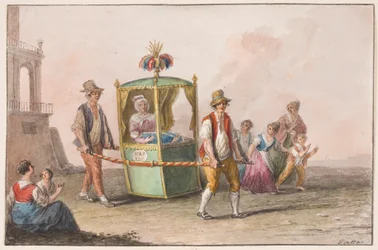 Een vroedvrouw met een baby op weg naar de kerk voor de doop